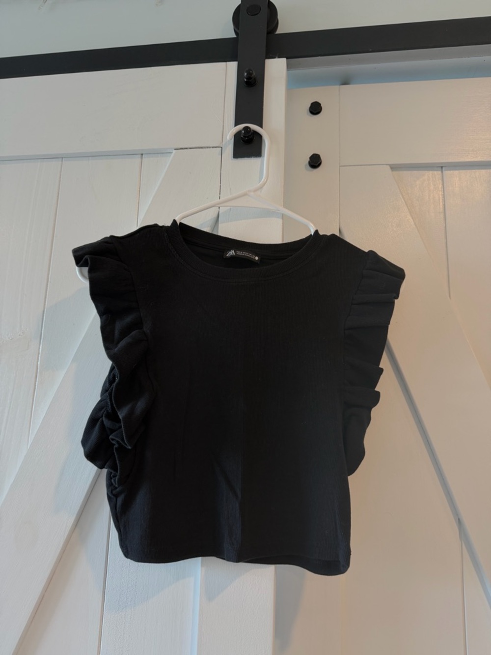 Zara Black Ribbed Ruffle Sleeve Knit Top Size S